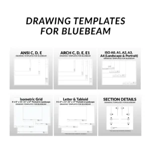 Common drawing sheet templates in ANSI, ARCH, ISO, letter, tabloid, isometric grid, and section detail formats used for Bluebeam and other PDF programs.